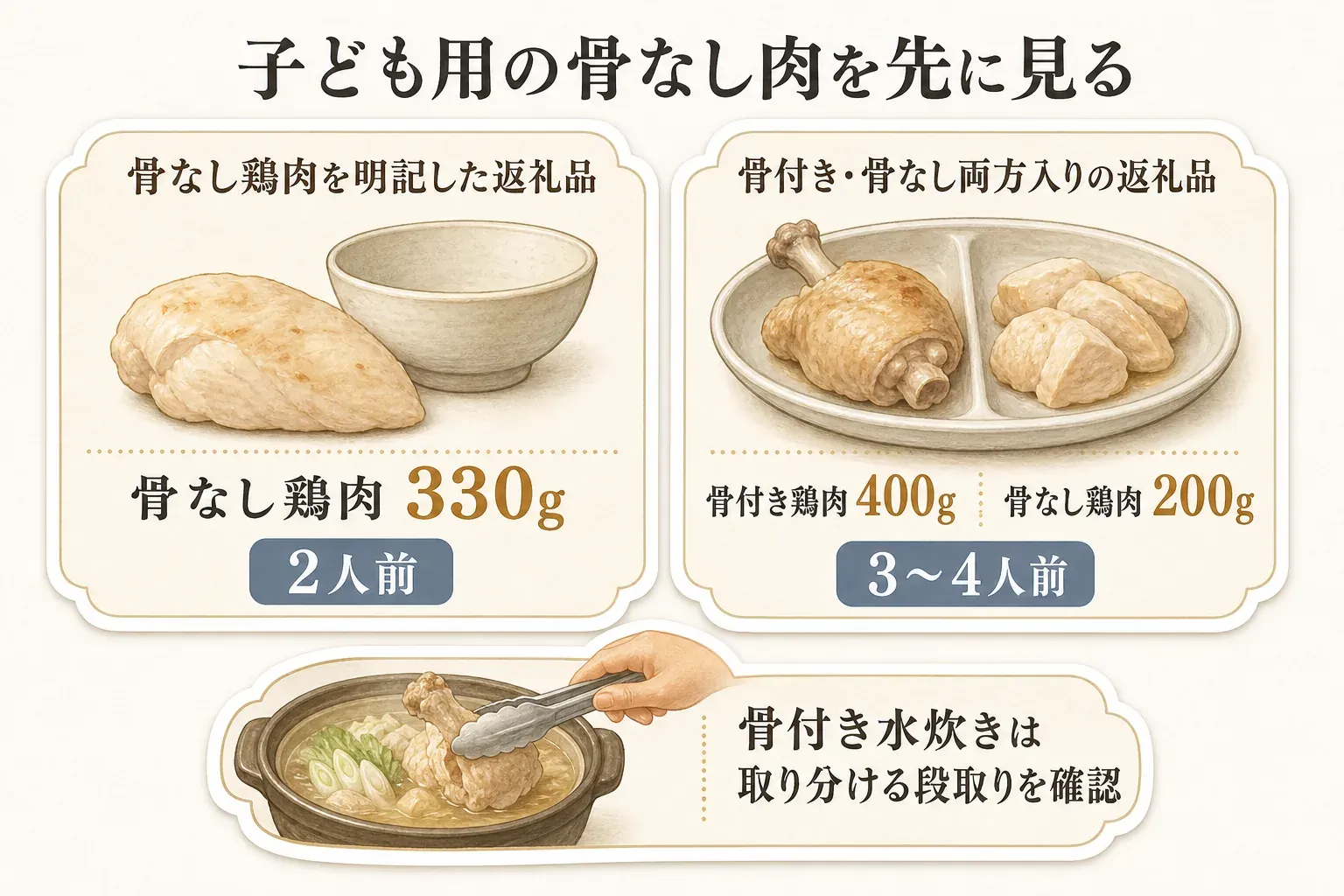 子ども用の骨なし肉を先に見るための比較図。骨なし鶏肉を明記した返礼品は骨なし鶏肉330g・2人前、骨付き・骨なし両方入りの返礼品は骨付き鶏肉400g・骨なし鶏肉200g・3〜4人前と示し、骨付き水炊きでは子ども分を取り分ける段取りを確認することを示している。