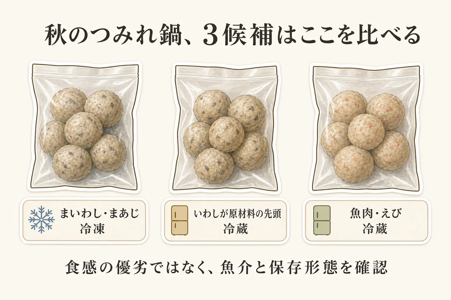 秋のつみれ鍋の3候補として、まいわし・まあじを使う冷凍つみれ、原材料の先頭がいわしの冷蔵つみれ、魚肉・えびを使う冷蔵つみれを並べ、食感の優劣ではなく魚介と保存形態を確認する図。