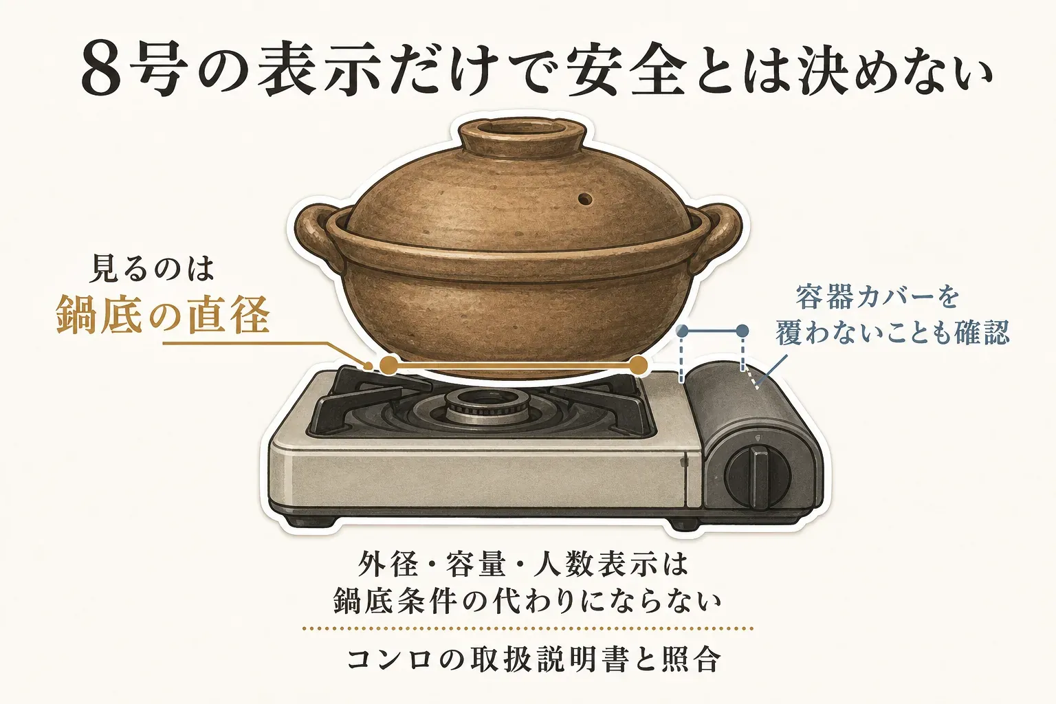 8号という表示だけで安全とは決めず、カセットコンロに載せた土鍋では鍋底の直径を確認し、容器カバーを覆わないことを確かめる図。外径・容量・人数表示は鍋底条件の代わりにならないため、コンロの取扱説明書と照合するよう示している。