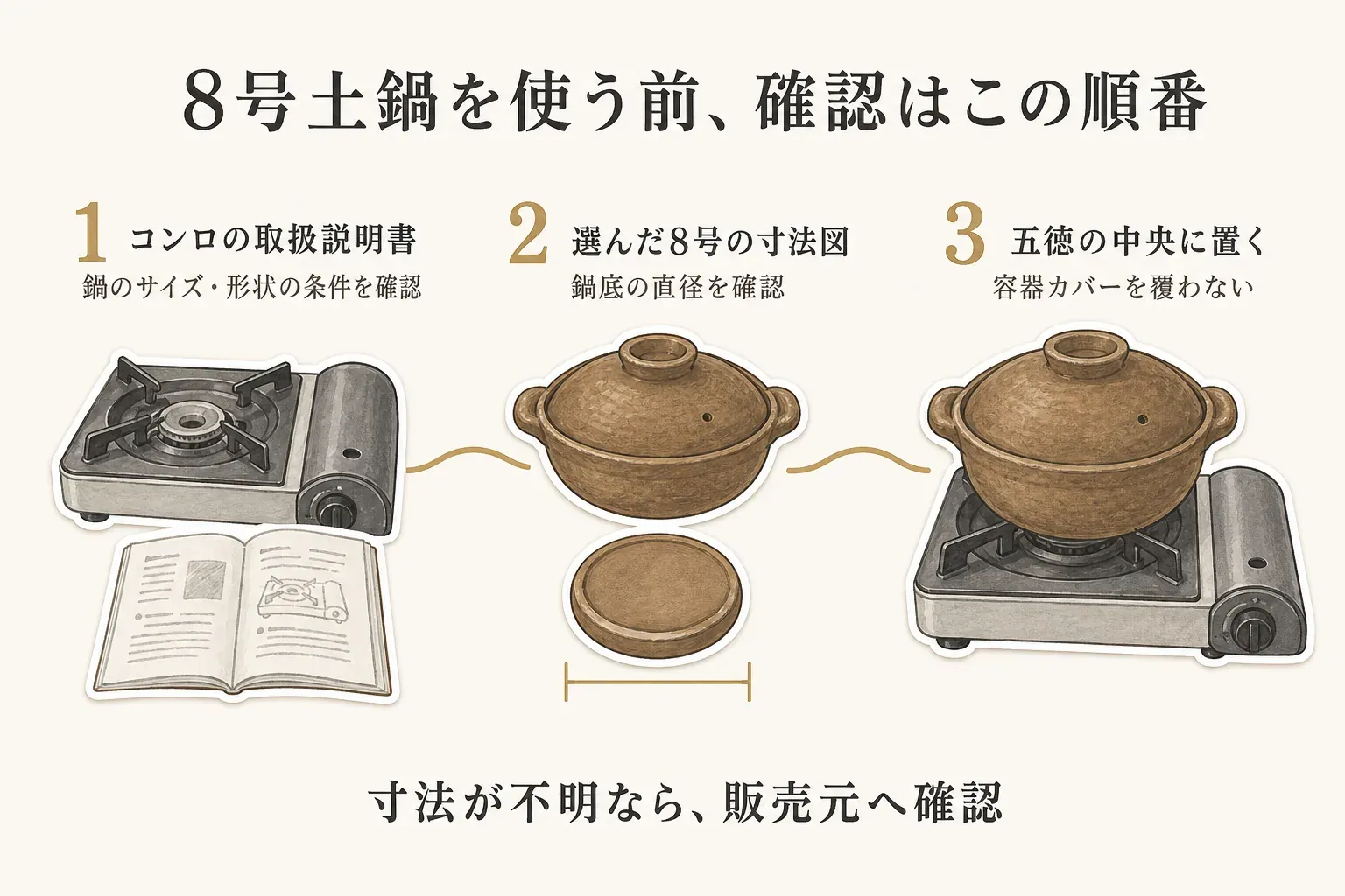 8号土鍋をカセットコンロで使う前に、1番目にコンロの取扱説明書で鍋のサイズ・形状の条件を確認し、2番目に選んだ8号土鍋の寸法図で鍋底の直径を確認し、3番目に五徳の中央に置いて容器カバーを覆わないことを確認する順番を示す図。寸法が不明なら販売元へ確認するよう案内している。