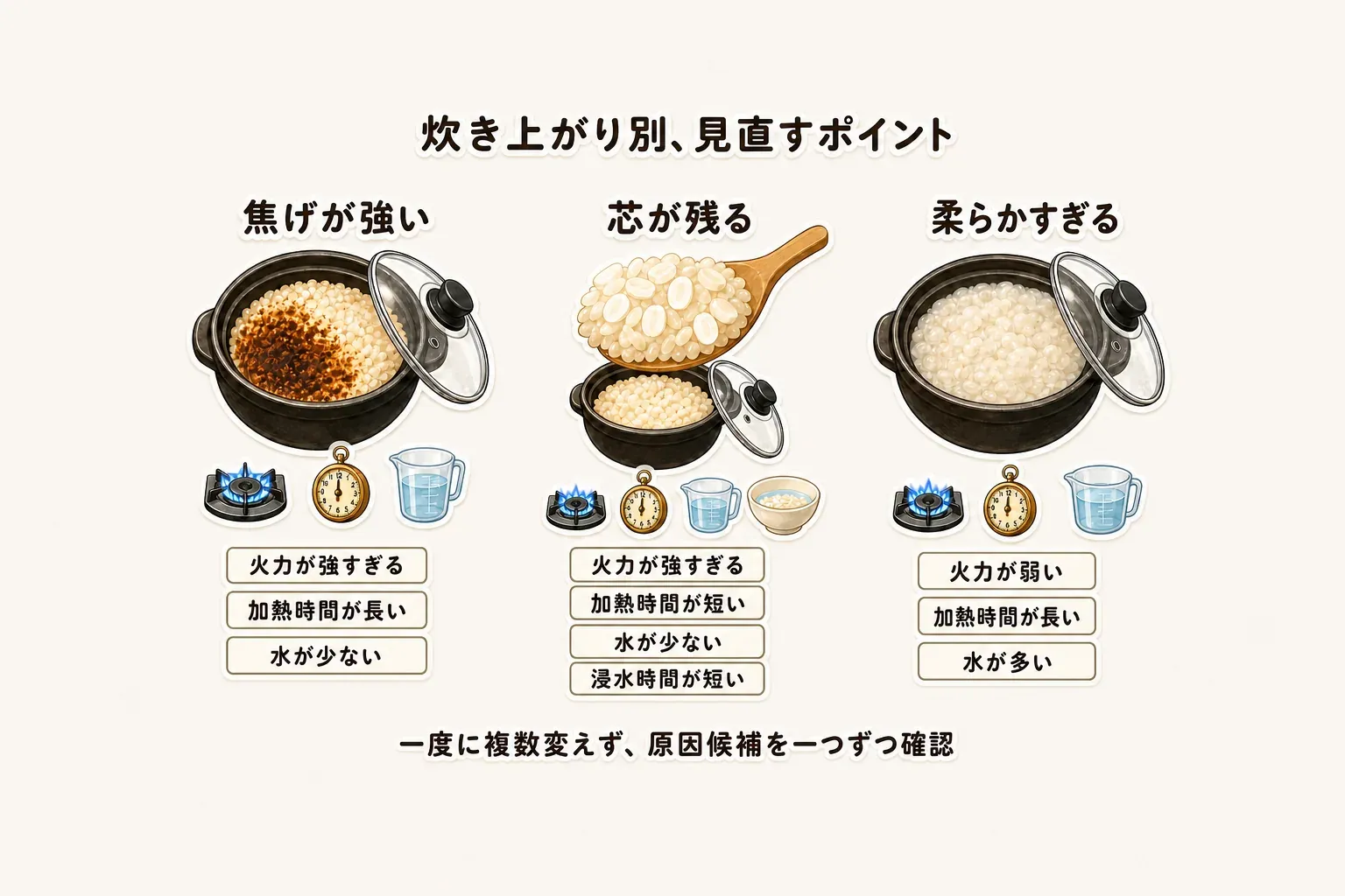土鍋ごはんの炊き上がり別の見直しポイントとして、強い焦げは強すぎる火力・長い加熱時間・少ない水、芯残りは強すぎる火力・短い加熱時間・少ない水・短い浸水、柔らかすぎる仕上がりは弱い火力・長い加熱時間・多い水が主な原因であることを示した図。出典：HARIO公式FAQ