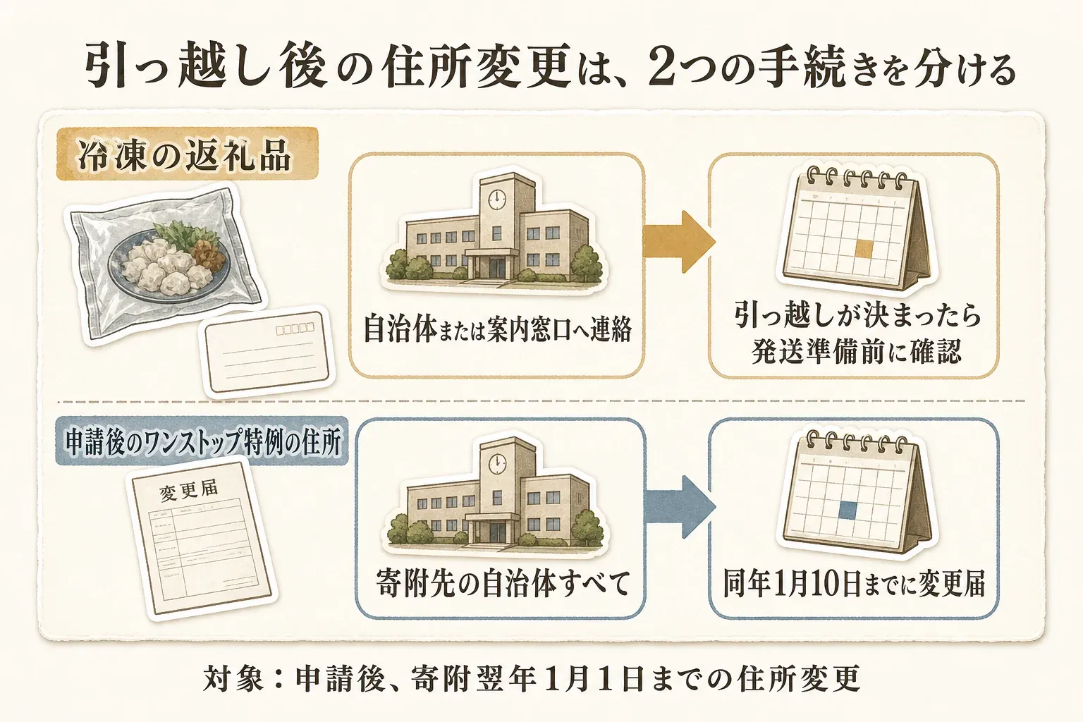 引っ越し時の二つの手続きとして、冷凍の鍋返礼品は発送準備前に寄附先自治体または案内窓口へ届け先変更を相談し、ワンストップ特例は寄附翌年1月1日までに住所変更があれば同年1月10日までに全寄附先自治体へ変更届を提出することを分けて示す図。出典：勝浦市のふるさと納税Q&A、広島市のふるさと納税ワンストップ特例申請後の注意点