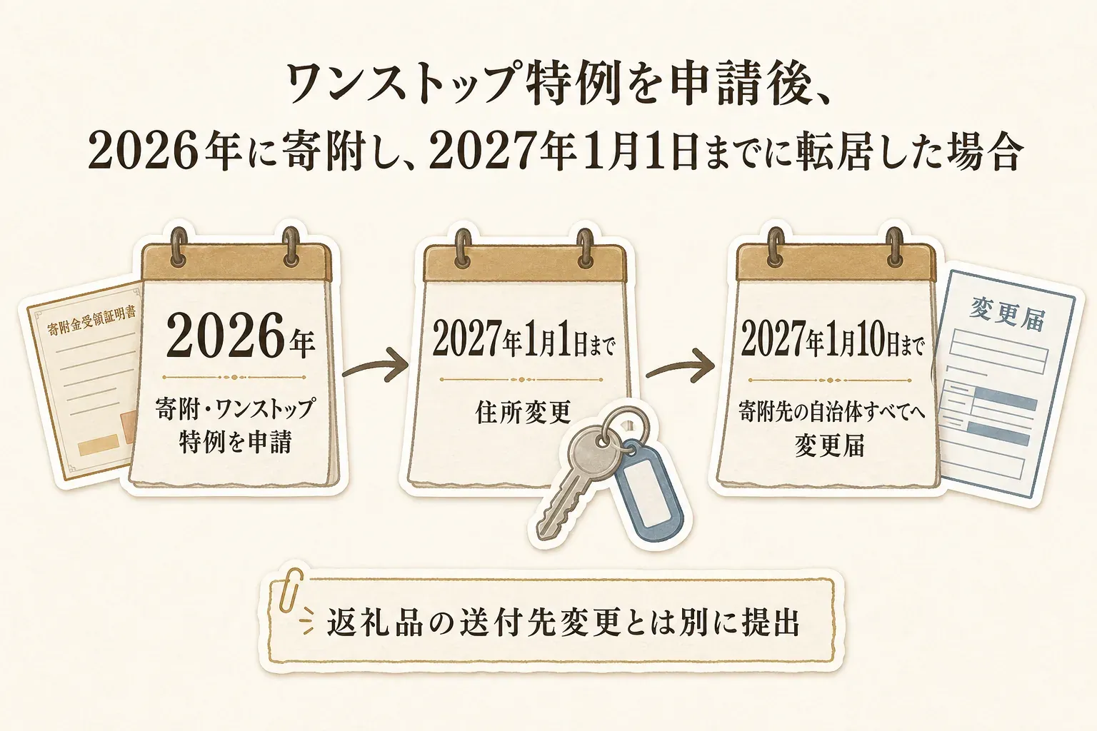 ワンストップ特例の住所変更期限として、寄附した翌年1月1日までに住所または氏名が変わった場合は、同年1月10日までに寄附した全自治体へ変更届を提出する流れを、2026年の寄附と2027年1月1日・1月10日の例で示す図。出典：広島市のふるさと納税ワンストップ特例申請後の注意点、佐野市のワンストップ特例申請よくある不備