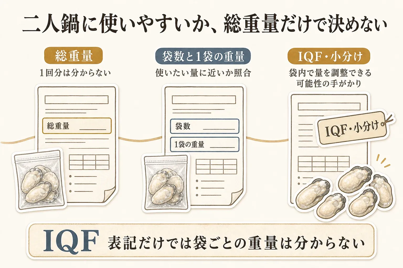 冷凍むき身牡蠣の商品ページで確認する包装情報として、総重量では1回分は分からず、袋数と1袋あたりの重量で取り分けやすさを照合し、バラバラ冷凍・IQFは必要量を取り出せる可能性の手がかりとして解凍・保存案内も確認する流れを示す図。