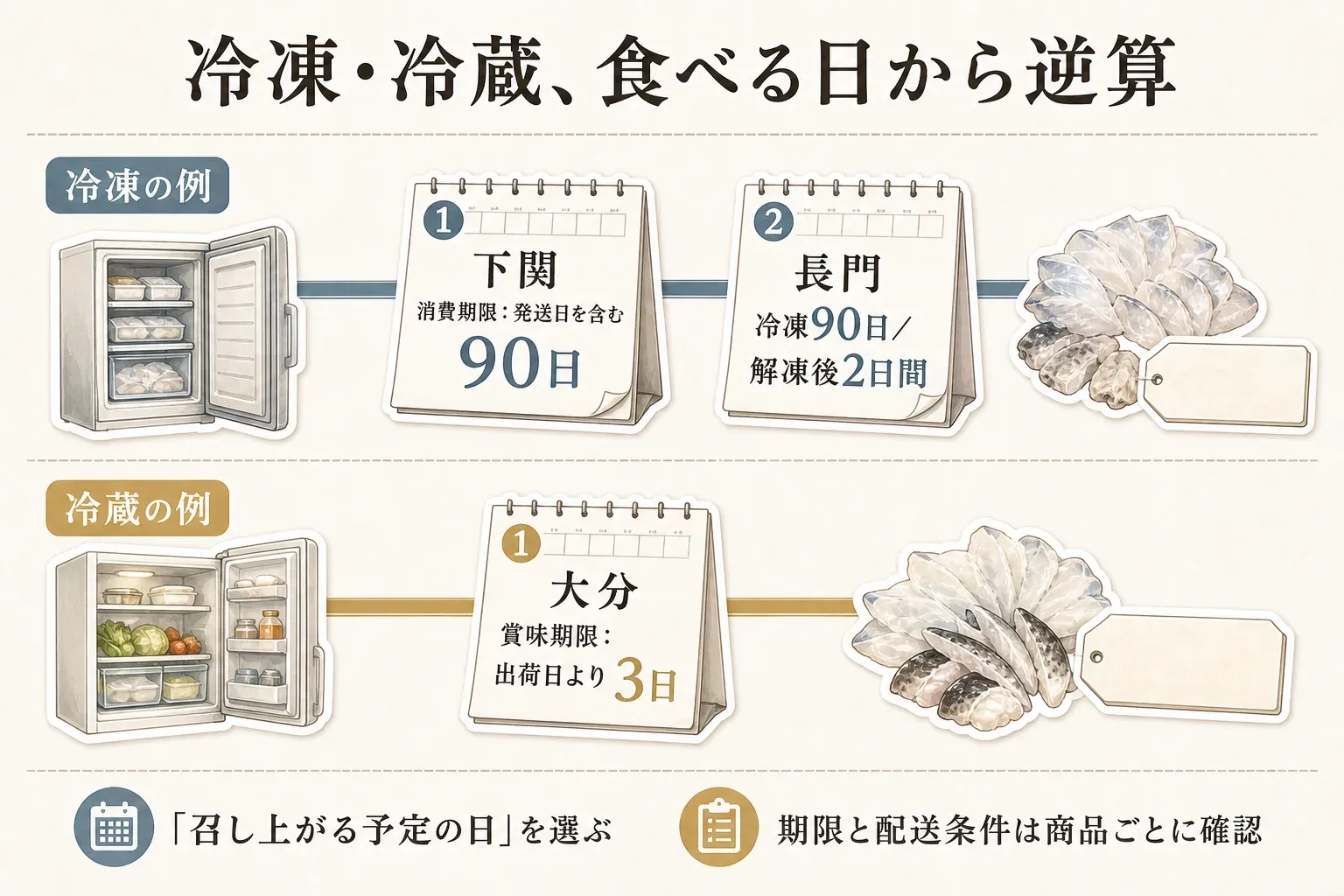 ふぐ鍋返礼品の冷凍・冷蔵と食べる日を逆算する図。冷凍の下関市は発送日を含む90日、長門市は冷凍90日・解凍後2日間、冷蔵の大分市は出荷日より3日で「召し上がる予定の日」を選ぶことを示し、期限と配送条件は商品ごとに確認するよう案内している。