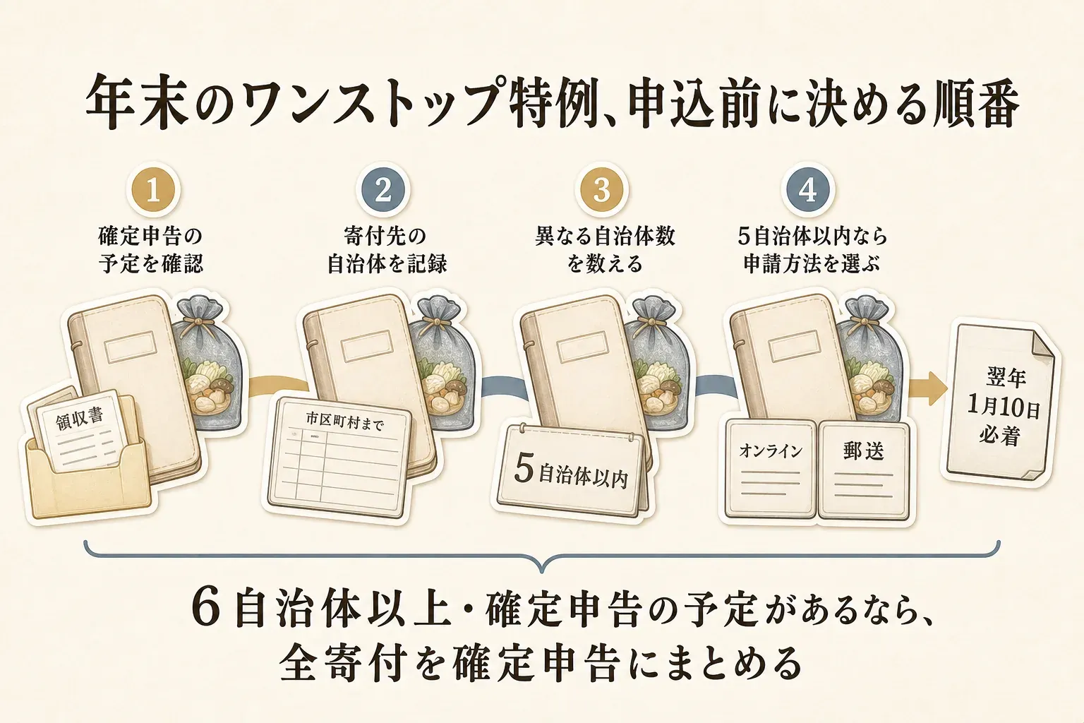 年末のワンストップ特例の申込み前に、確定申告の予定を確認し、寄付先を市区町村まで記録し、異なる自治体数を数え、5自治体以内ならオンラインまたは郵送を選び、翌年1月10日必着で申請する流れと、6自治体以上または確定申告予定がある場合は全寄付を確定申告にまとめることを示す図。