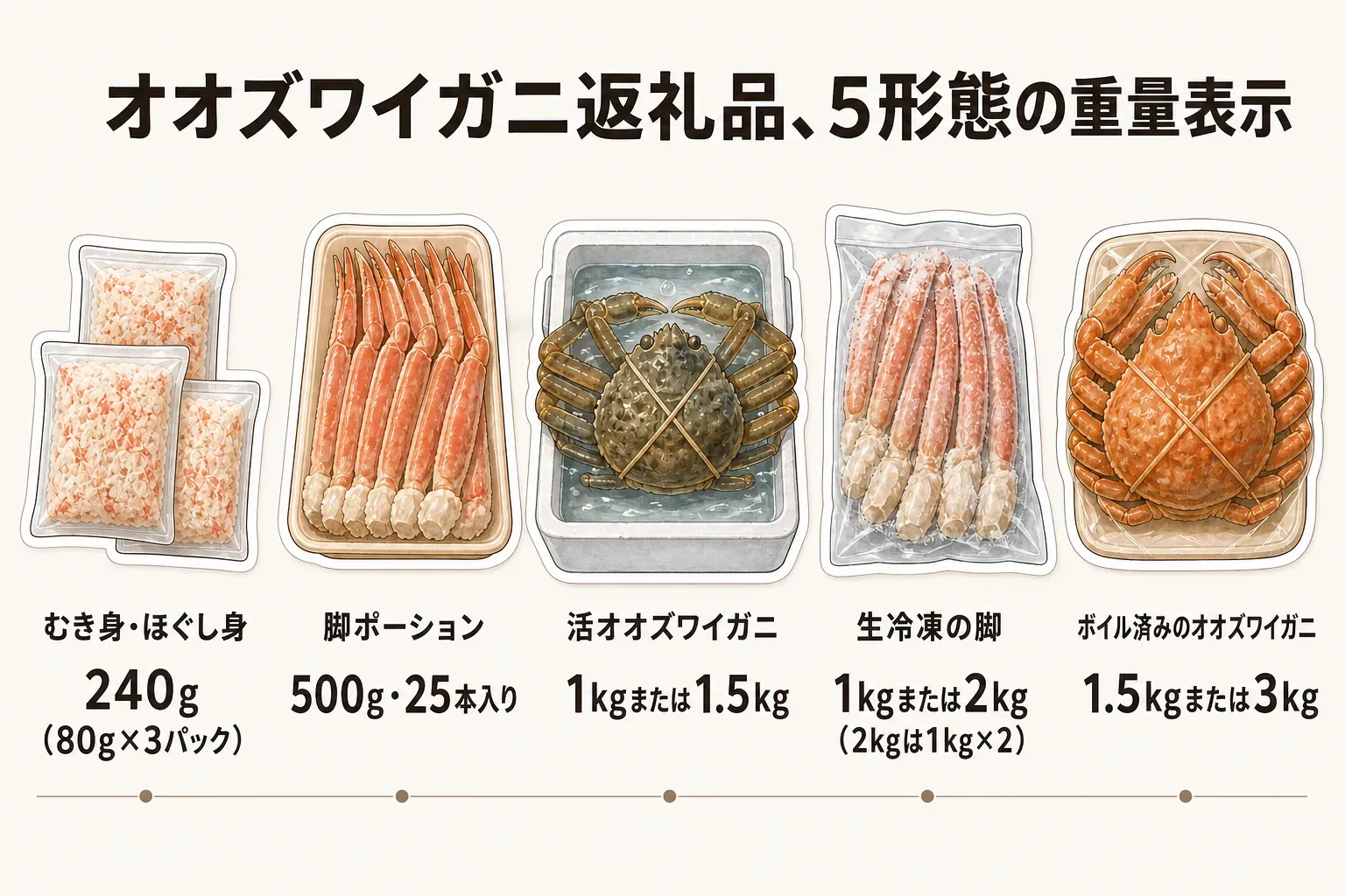オオズワイガニ返礼品の5形態として、むき身・ほぐし身240g（80g×3パック）、脚ポーション500g・25本入り、活オオズワイガニ1kgまたは1.5kg、生冷凍の脚1kgまたは2kg（2kgは1kg×2）、ボイル済みのオオズワイガニ1.5kgまたは3kgの重量表示を並べて比較した図。