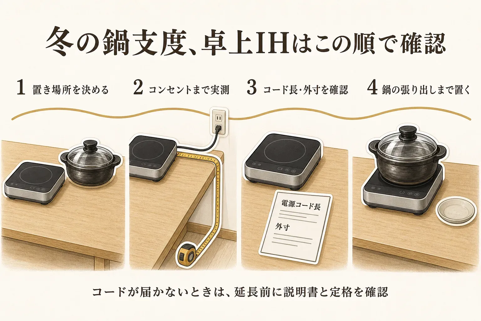 卓上IHを食卓に置く前の測定順として、鍋を置く位置を決め、本体からテーブルの端、床、壁際を通ってコンセントまでの実際のコード経路を測り、座る人の足元や椅子の動線を横切らないかを確認する図。