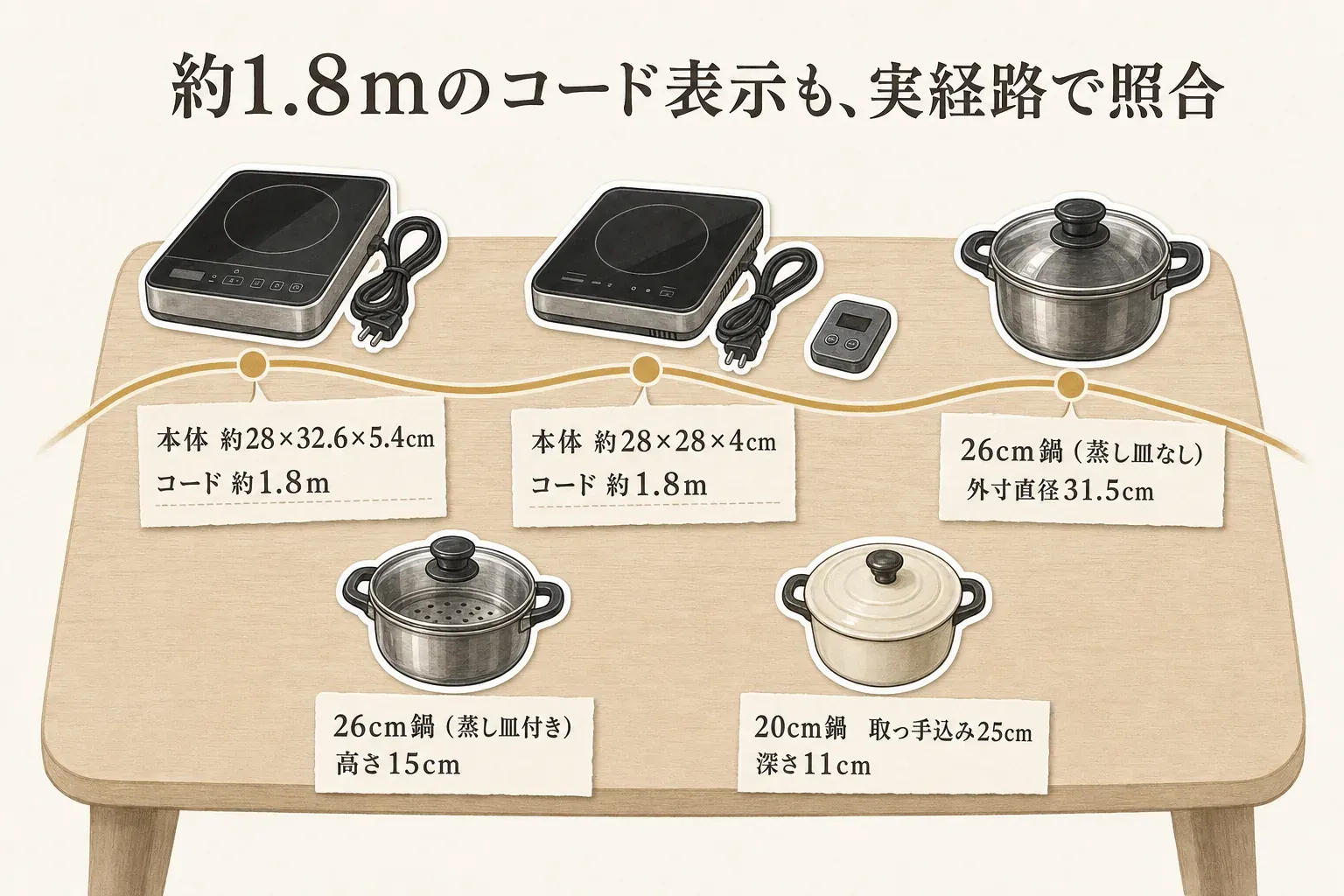 卓上IHとIH対応鍋を食卓に置く際に確認する寸法として、卓上IH本体の幅・奥行、鍋の外径、取っ手を含む長さ、蓋や蒸し皿を使う高さ、鍋の周囲に必要な取り皿と手元の余白を示す図。