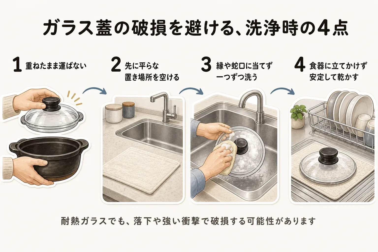 ガラス蓋の破損を避ける洗浄時の4点として、土鍋本体と蓋を重ねたまま運ばない、先に平らな置き場所を空ける、縁や蛇口に当てず一つずつ洗う、食器に立てかけず安定した場所で乾かす手順を示した図。耐熱ガラスでも落下や強い衝撃で破損する可能性がある。