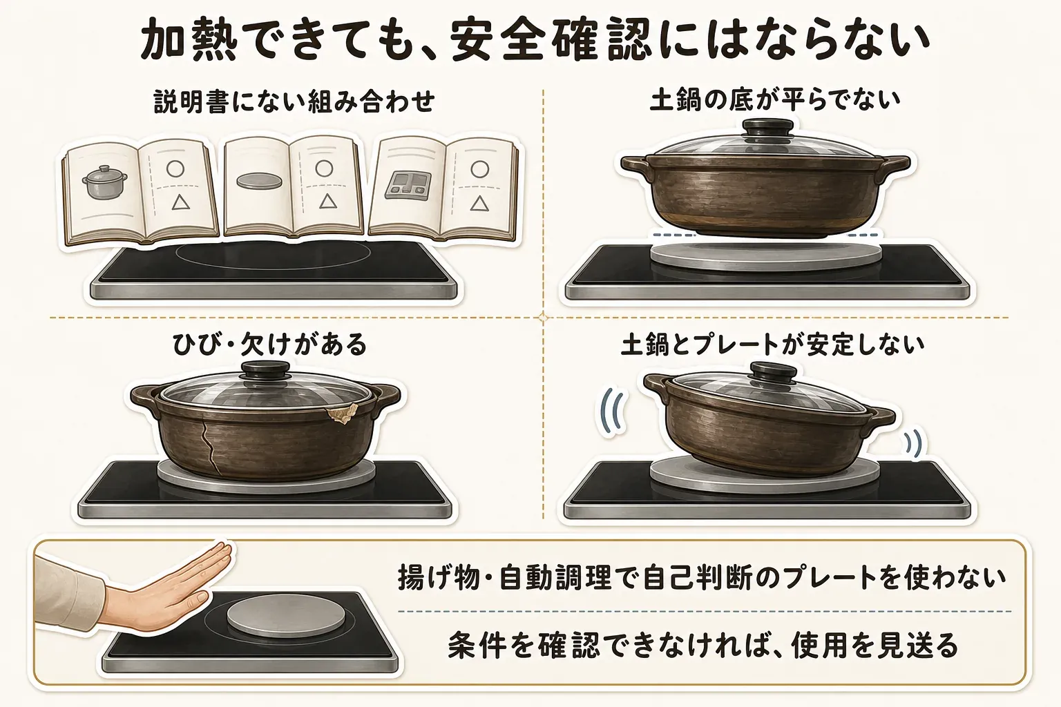 加熱できても安全確認にはならない停止条件として、説明書にない組み合わせ、平らでない土鍋の底、土鍋のひび・欠け、土鍋とプレートが安定しない状態を示し、揚げ物や自動調理で自己判断のプレートを使わず、条件を確認できなければ使用を見送るよう促す図
