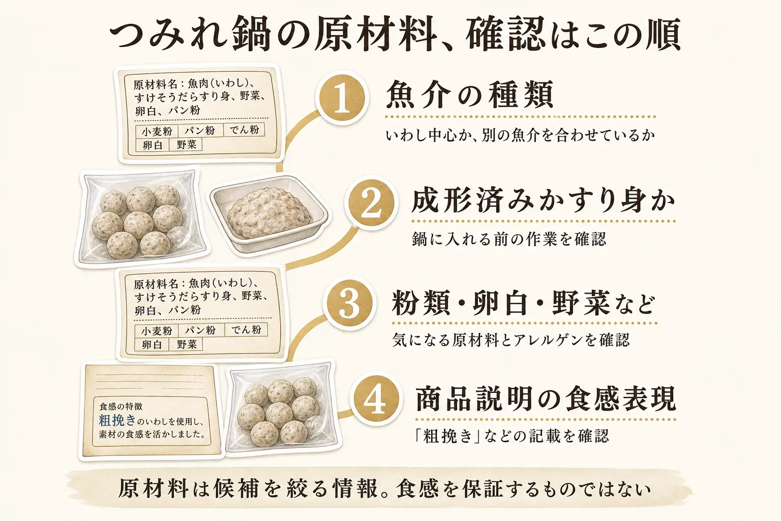 つみれ鍋の原材料を確認する順番として、魚介の種類、成形済みかすり身か、粉類・卵白・野菜など、商品説明の食感表現の4項目を示す図。原材料は候補を絞る情報であり、食感を保証するものではないと案内している。