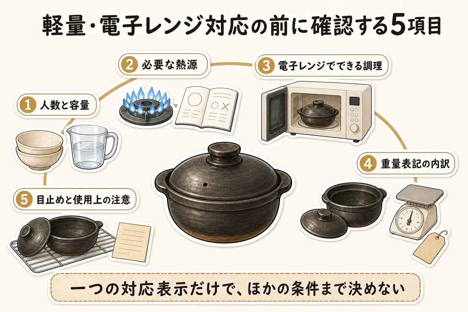 軽量・電子レンジ対応の土鍋を選ぶ前に確認する5項目として、人数と容量、必要な熱源、電子レンジでできる調理、重量表記の内訳、目止めと使用上の注意を示した図。一つの対応表示だけで、ほかの条件まで決めないことを案内している。