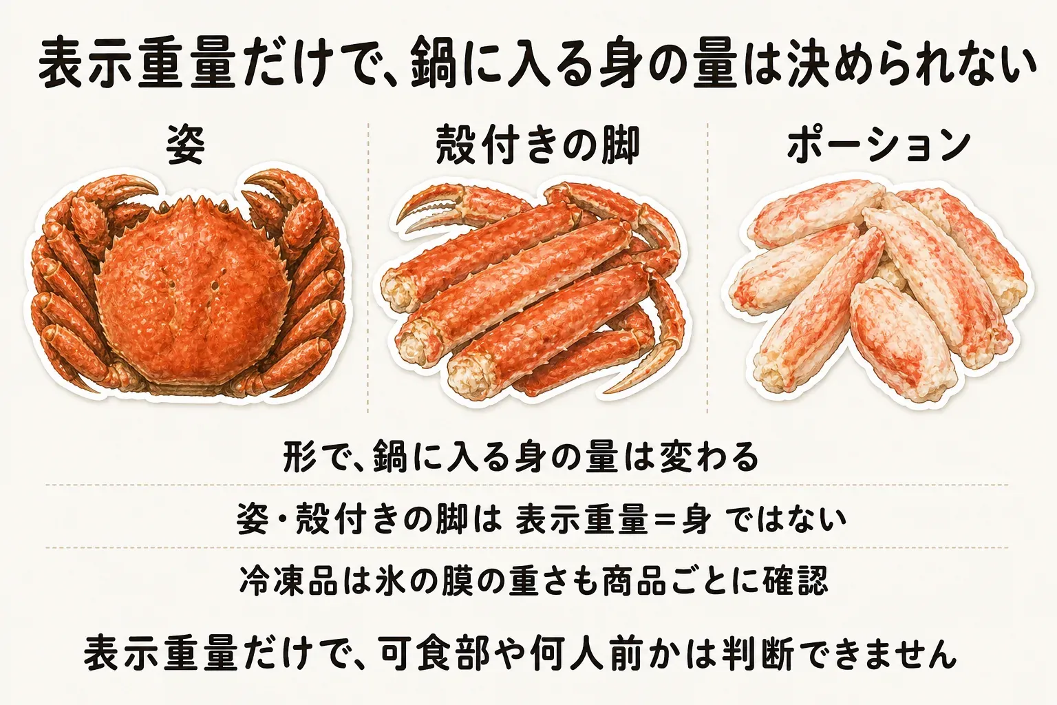 姿、殻付きの脚、ポーションでは鍋に入る身の量が異なり、姿と殻付きの脚は表示重量がそのまま身の重量ではないこと、冷凍品は氷の膜の重さも商品ごとに確認する必要があることを示す図。