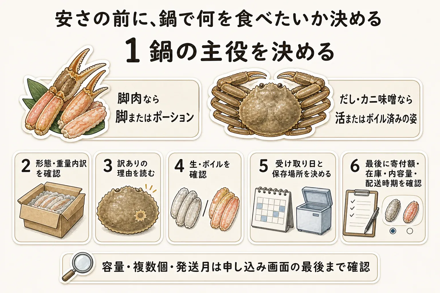 安さの前に鍋で何を食べたいかを決める選び方として、脚肉なら脚またはポーション、だしやカニ味噌なら活またはボイル済みの姿を選び、形態と重量内訳、訳ありの理由、生・ボイル、受け取り日と保存場所、最後に寄付額・在庫・内容量・配送時期を確認する6つの順番を示す図。