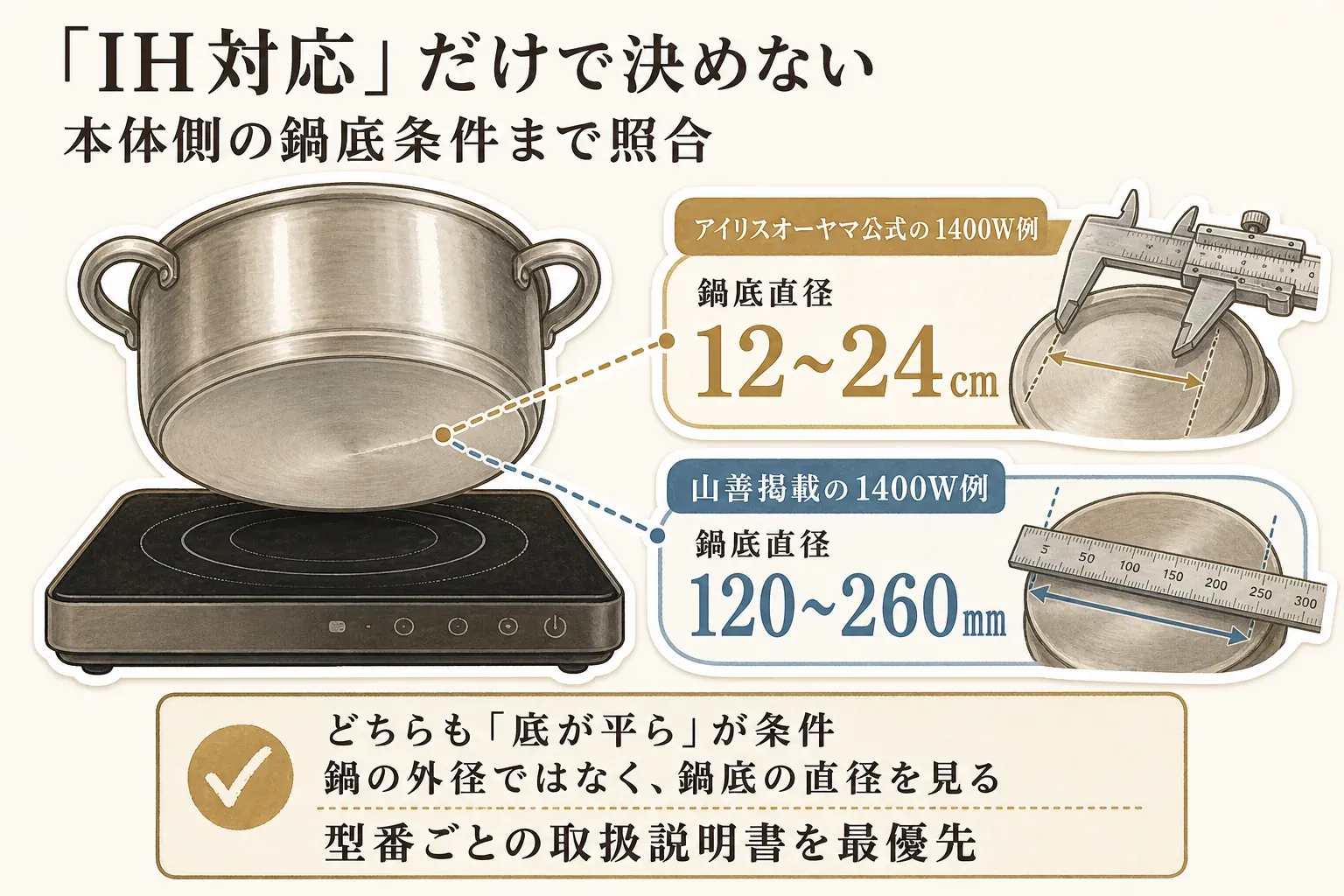 「IH対応」の表示だけで決めず卓上IH本体側の鍋底条件まで照合することを示した図。アイリスオーヤマ公式の1400W例では鍋底直径12〜24cm、山善掲載の1400W例では鍋底直径120〜260mmで、どちらも底が平らなことが条件と示し、鍋の外径ではなく鍋底の直径を測り、型番ごとの取扱説明書を優先するよう案内している